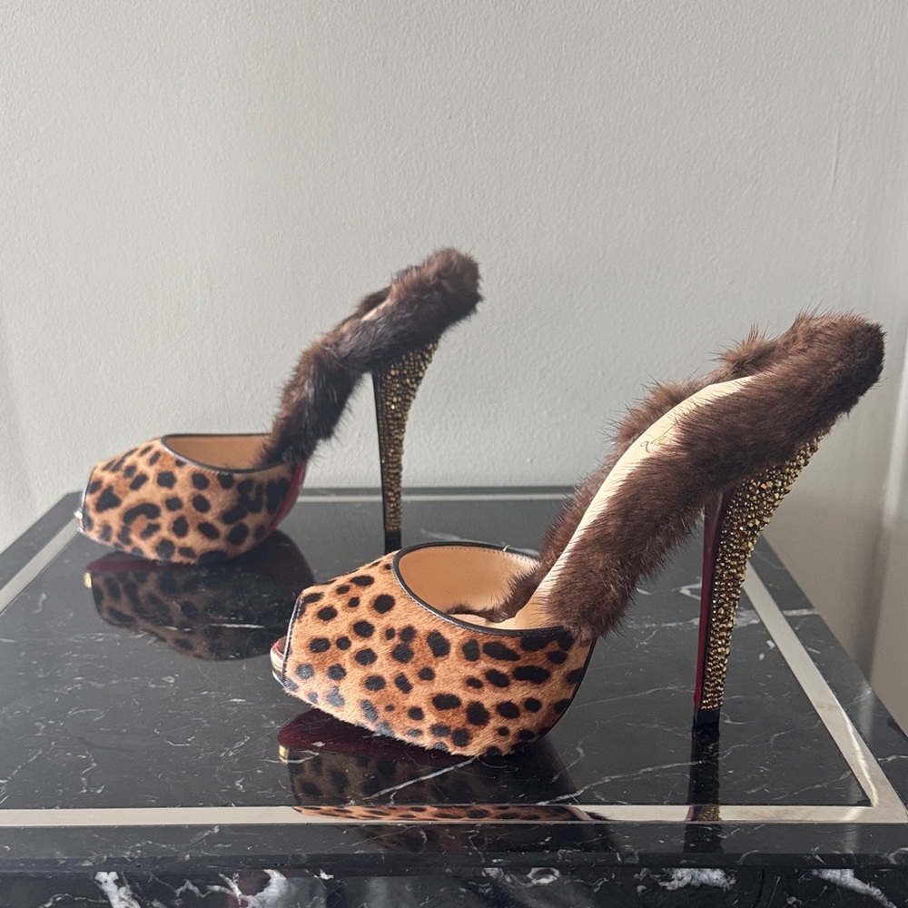 Christian Louboutin Nutria Leopard  Fur Heels w/ pony hair and crystal heel 39.5